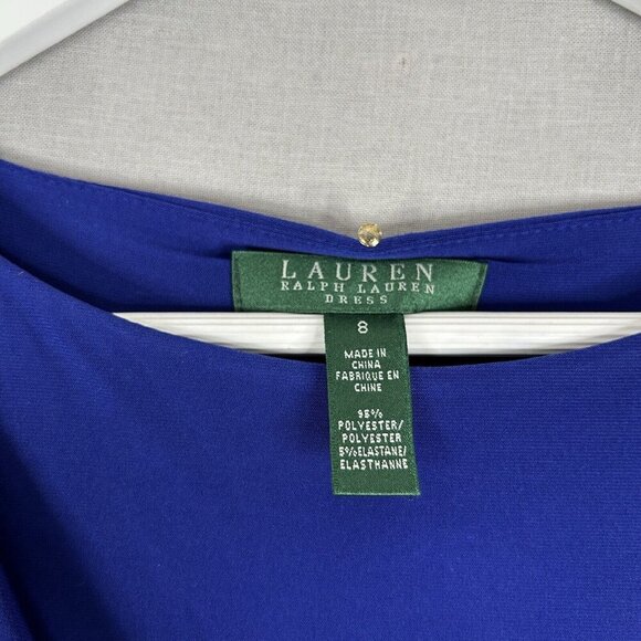 Lauren Ralph Lauren Womens Dress 8 Blue Mock Wrap Gathered Jersey Work Cocktail - Picture 10 of 11